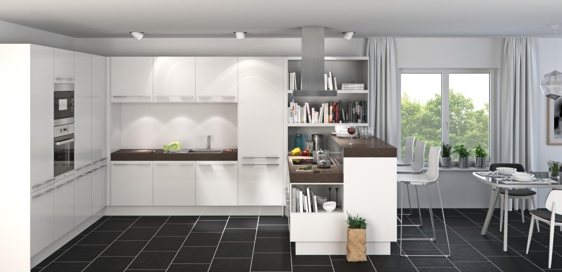 ... oder einer Küchentheke, die mit verschiedenen Arbeitshöhen punktet und extra Sitzgelegenheiten.